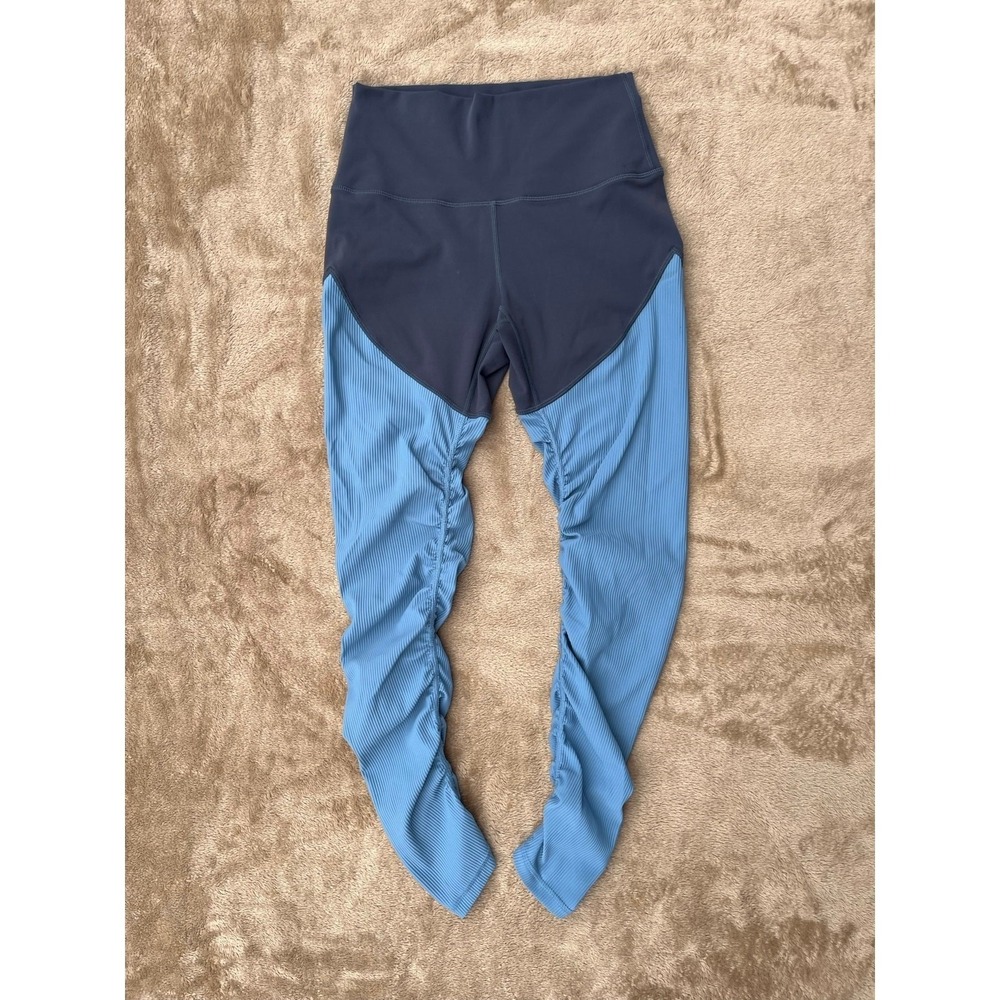 Zyia Active Women Size 2 Ruched Stacked Ribbed High Waisted Leggings Blue Grey